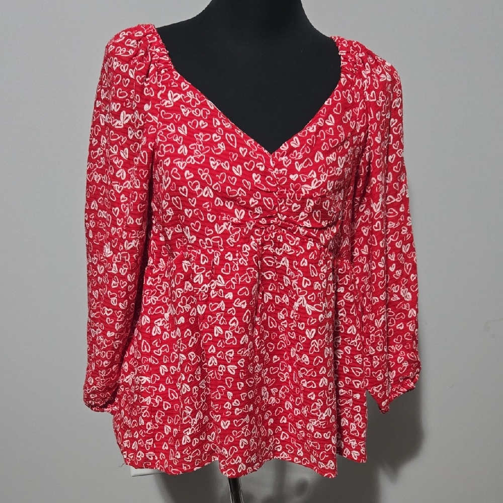 LOFT Red and White Heart Print Blouse